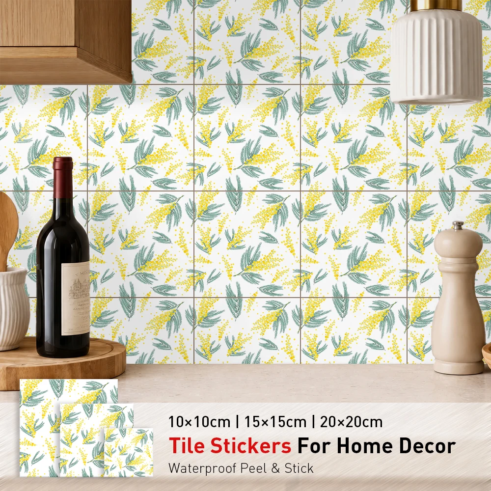 Mimosa Flower Wall Decal, Yellow Acacia Self Adhesive Tile Sticker, Floral Pattern Decor for Living Room Backdrop