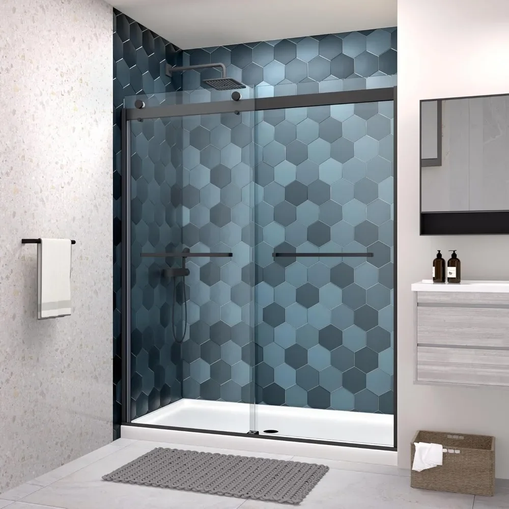 

Shower Door, 56-60 in. W X 74 in. H, Frameless Sliding, Reversible Installation, Clear SGCC Tempered Glass, Bathroom Shower Door