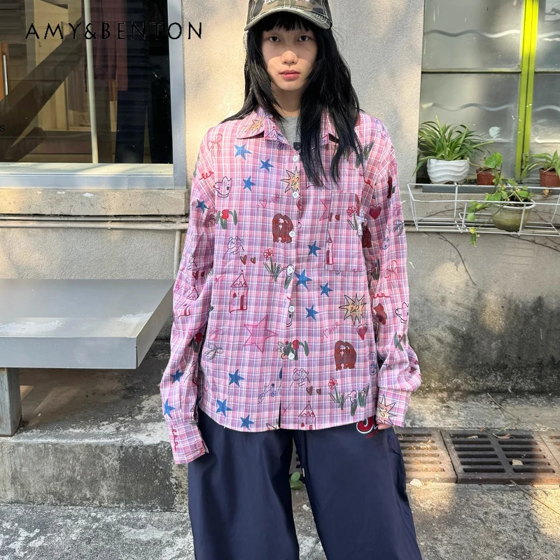

Spring Hand-painted Graffiti Full Print Plaid Women's Long-sleeved Shirt Japanese Design Loose Casual Thin Coat Shirts Ladies
