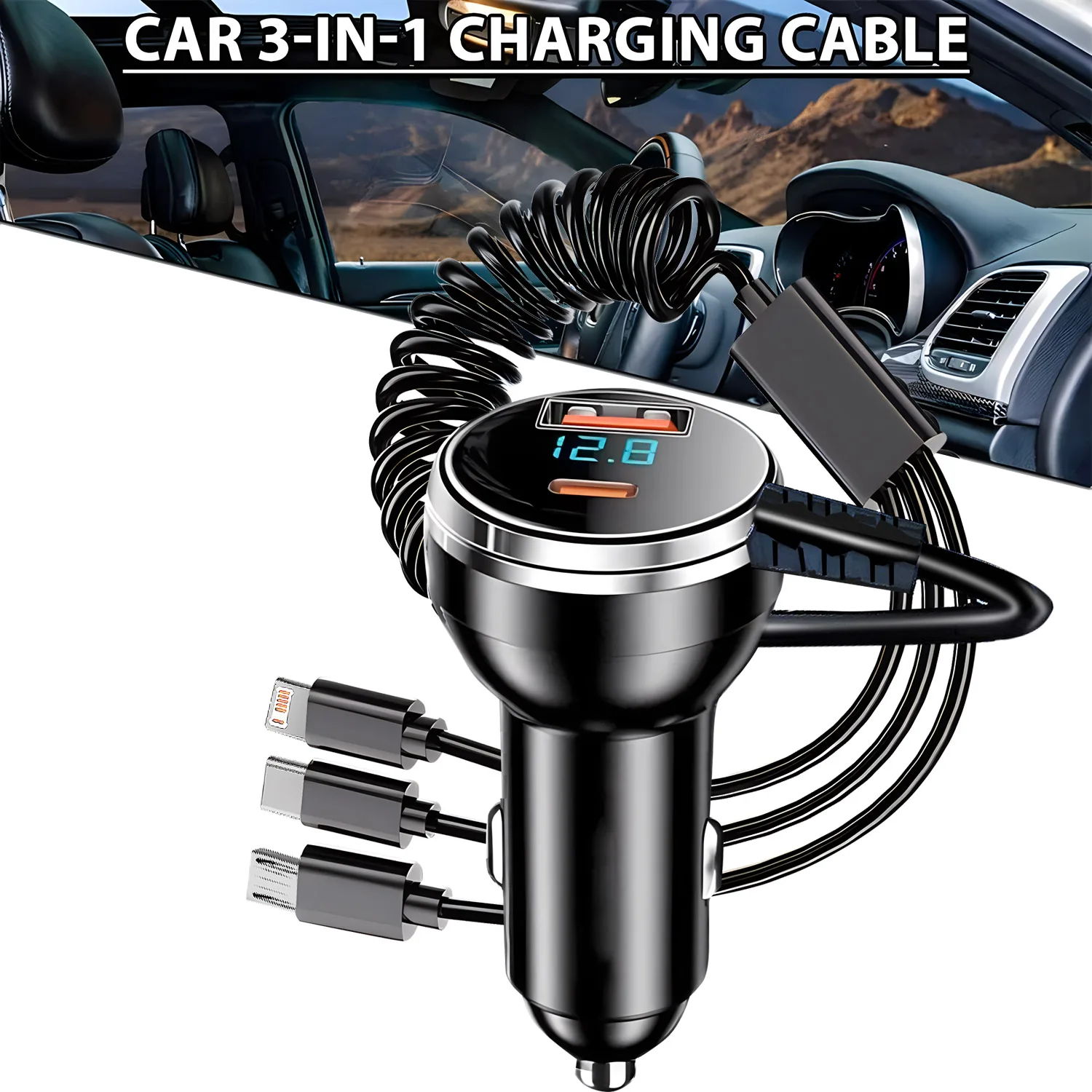 5-in-1-USB-Autoladegerät-Adapter mit einziehbarem Kabel, LED-Spannungsanzeige, superschnelles Laden für iPhone, Samsung, Huawei