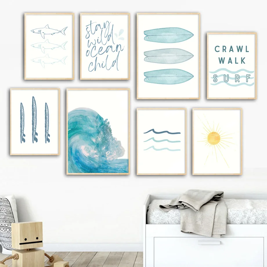 Summer Surf Shark Fish Waves Sun Sea Quote Posters And Prints Canvas Painting Nordic Wall Art Pictures Baby Kids Room Decor