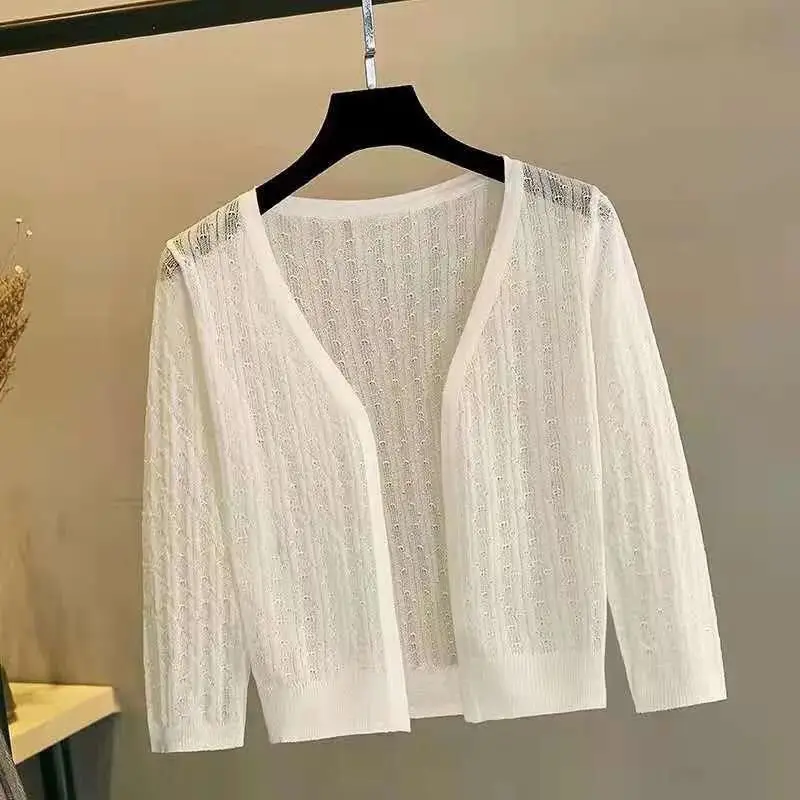 2024 Summer Shawl Ultra Thin Cardigan Short Knitted Shirt Hollow Ice Silk Women's Sunscreen Clothing