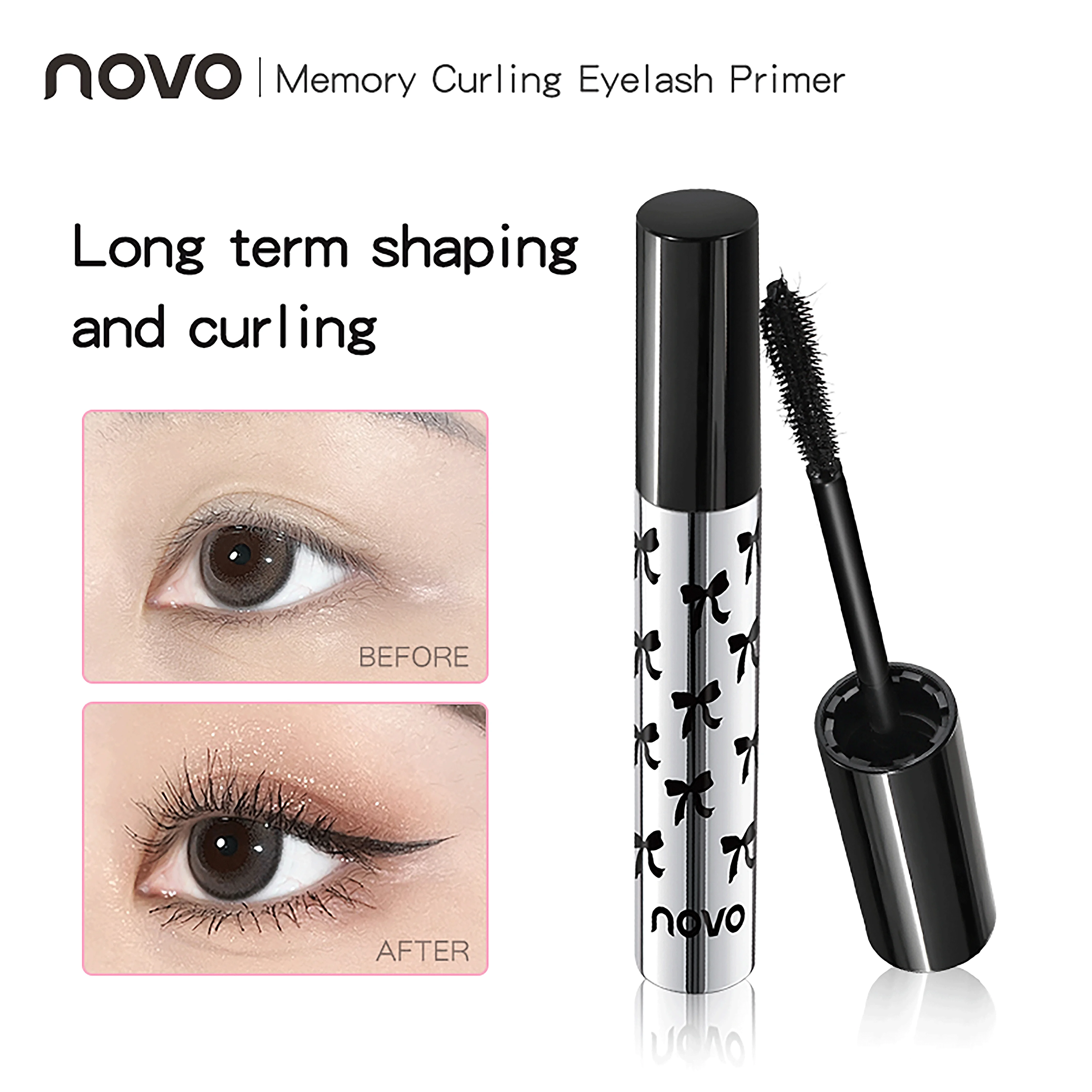 NOVO Waterproof and sweat-resistant mascara, lengthening without clumping, volumising and curling, smudge-proof.