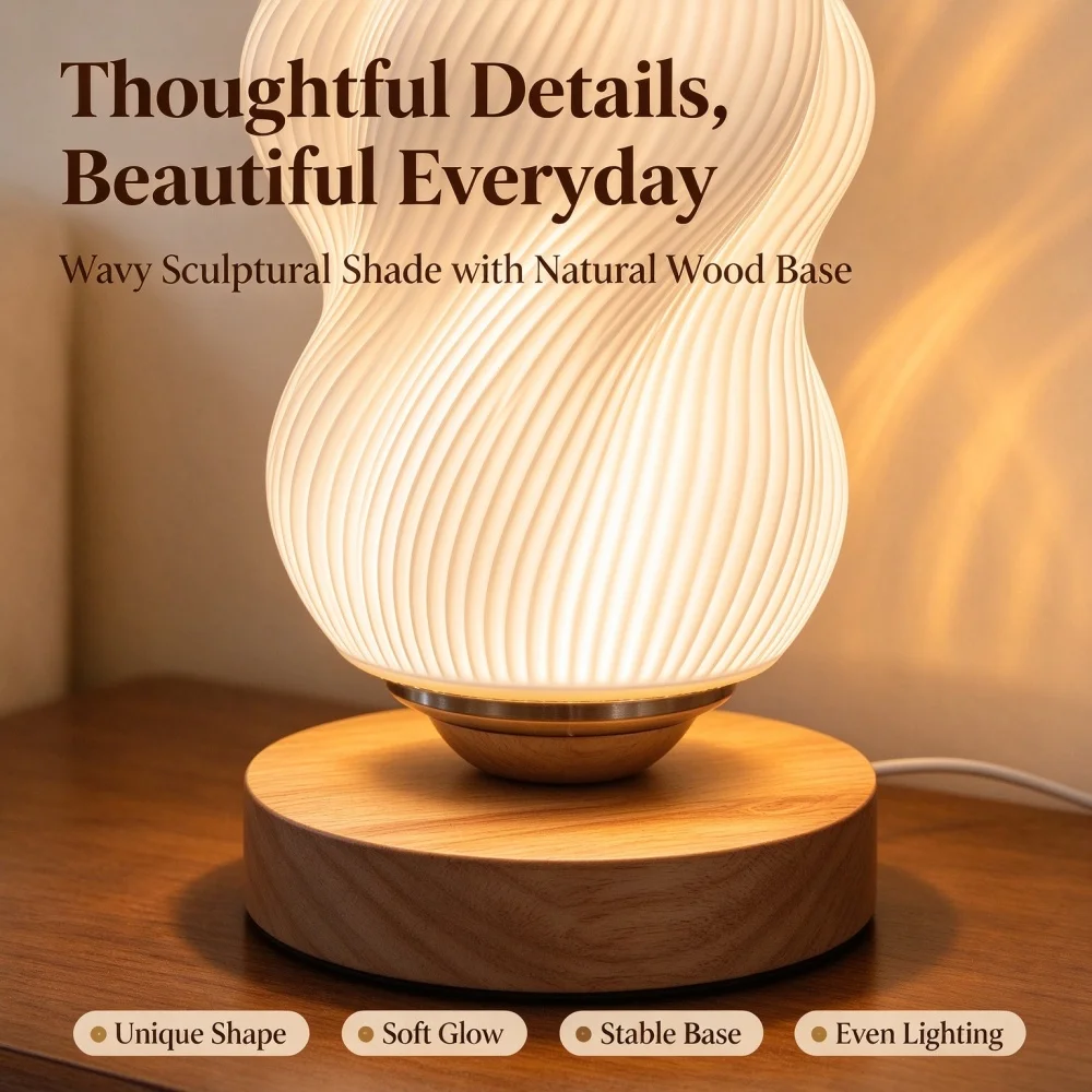 3D Printed Wave Texture Night Lamp Soft Adjustable Lighting with 3 Color Modes USB Powered Bedroom Decorative Lamp for Reading R view 6