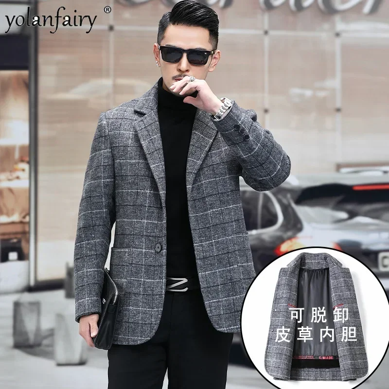 New Double Sided Wool Winter Coat Men's Thick Detachable Fur Inner Wool Jackets for Men Plaid Suit Coats Fall Erkek Kışlık Mont