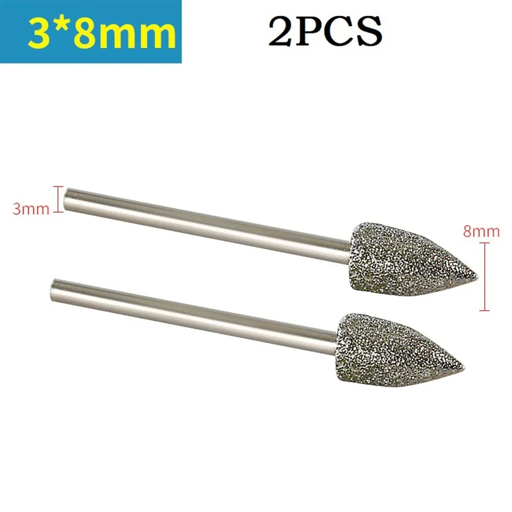 2pcs 3mm Shank Diamond Grinding Head Mounted Bit Burrs Diamond Grinding Wheel For Jade Metal Stone Rotary Tool Access 5/6/8mm