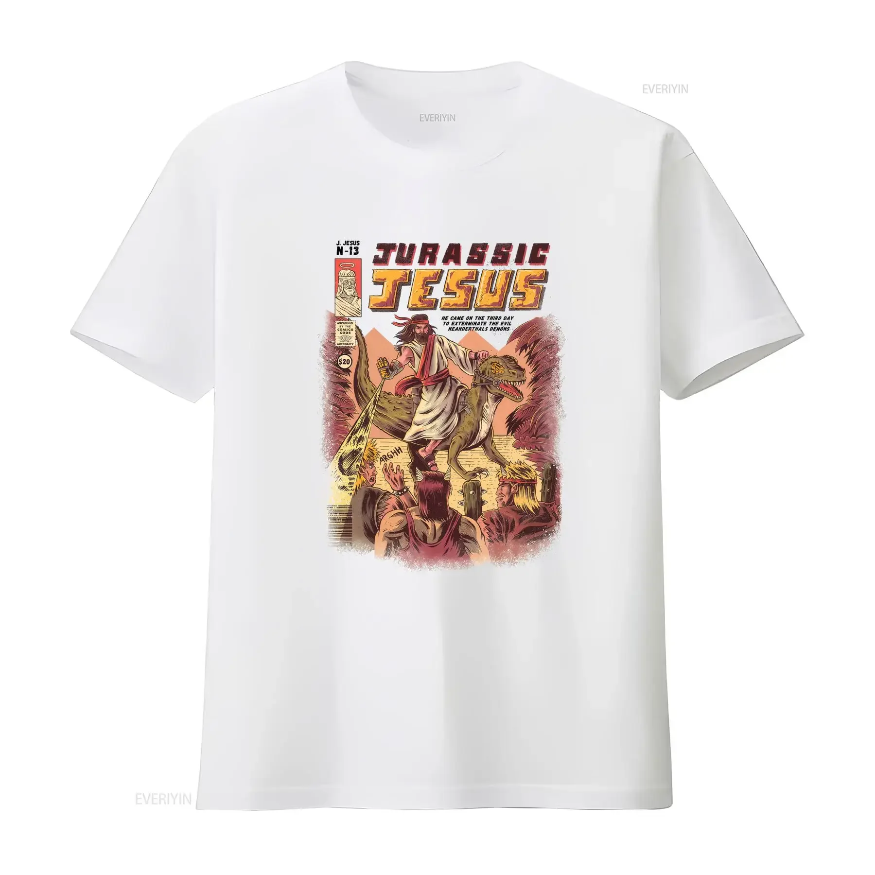Jurassic Jesus Riding Dinosaur Comics  T Shirt for Men and Women vintage Washed Soft graphic Top For Everyday Wear