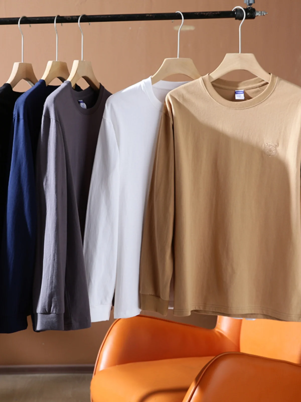 Heavyweight Tiger Head Embroidery Long Sleeve round Neck T-Shirt Pure Cotton Men's Autumn Fashionable  Color Standard Fit