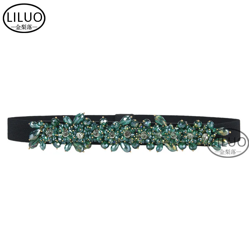 Luxe Vrouwen Elastische Riem Nieuwe Groene Steen Decoratieve Jurk Met Crystal Ingelegd Jas Modieuze Jurk Collocatie