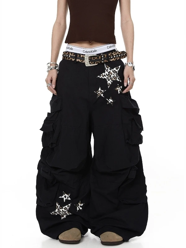 

American Retro Leopard Star Embroidery Loose Casual Cargo Pants Men's Wide Leg Pants Workwear Trendy Pleated Loose Fit