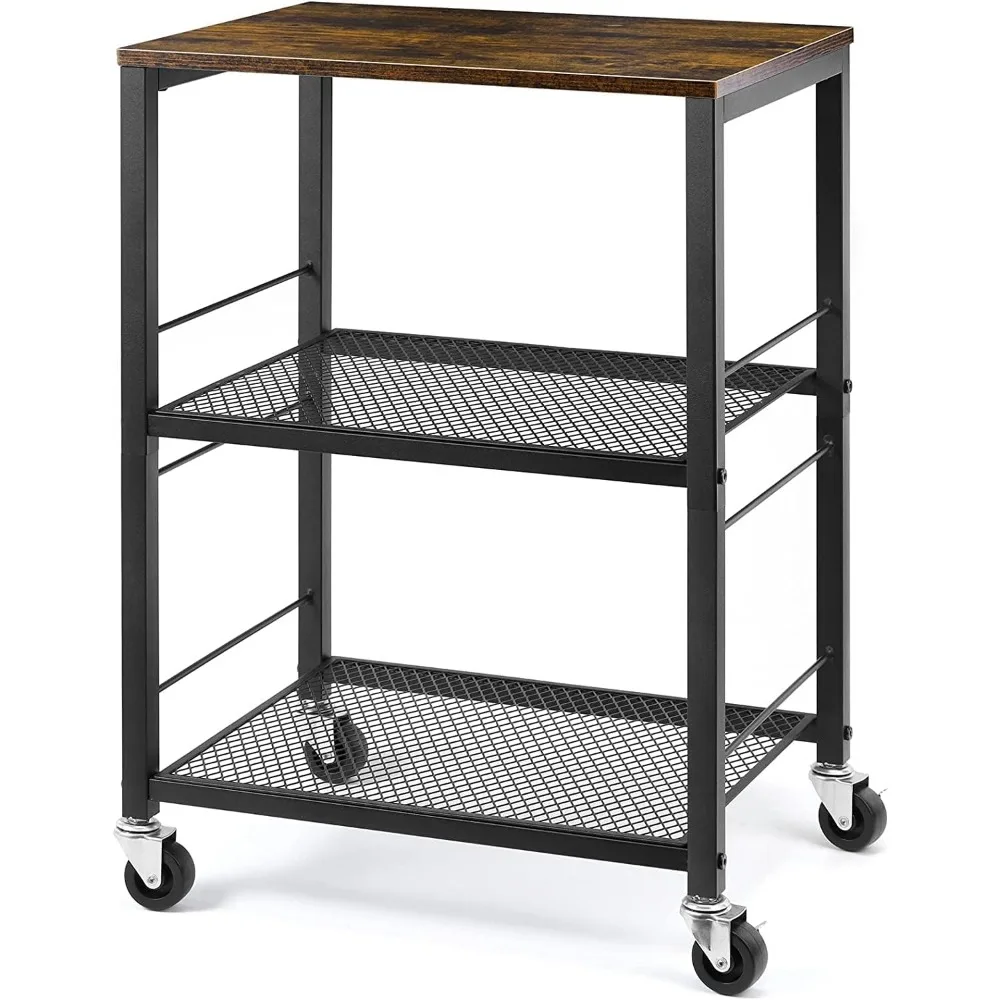 3 Tier Rolling Cart Trolley Multifunctional Utility Cart for Kitchen Office Brown Kitchen Carts on Wheels With Storage Bathroom