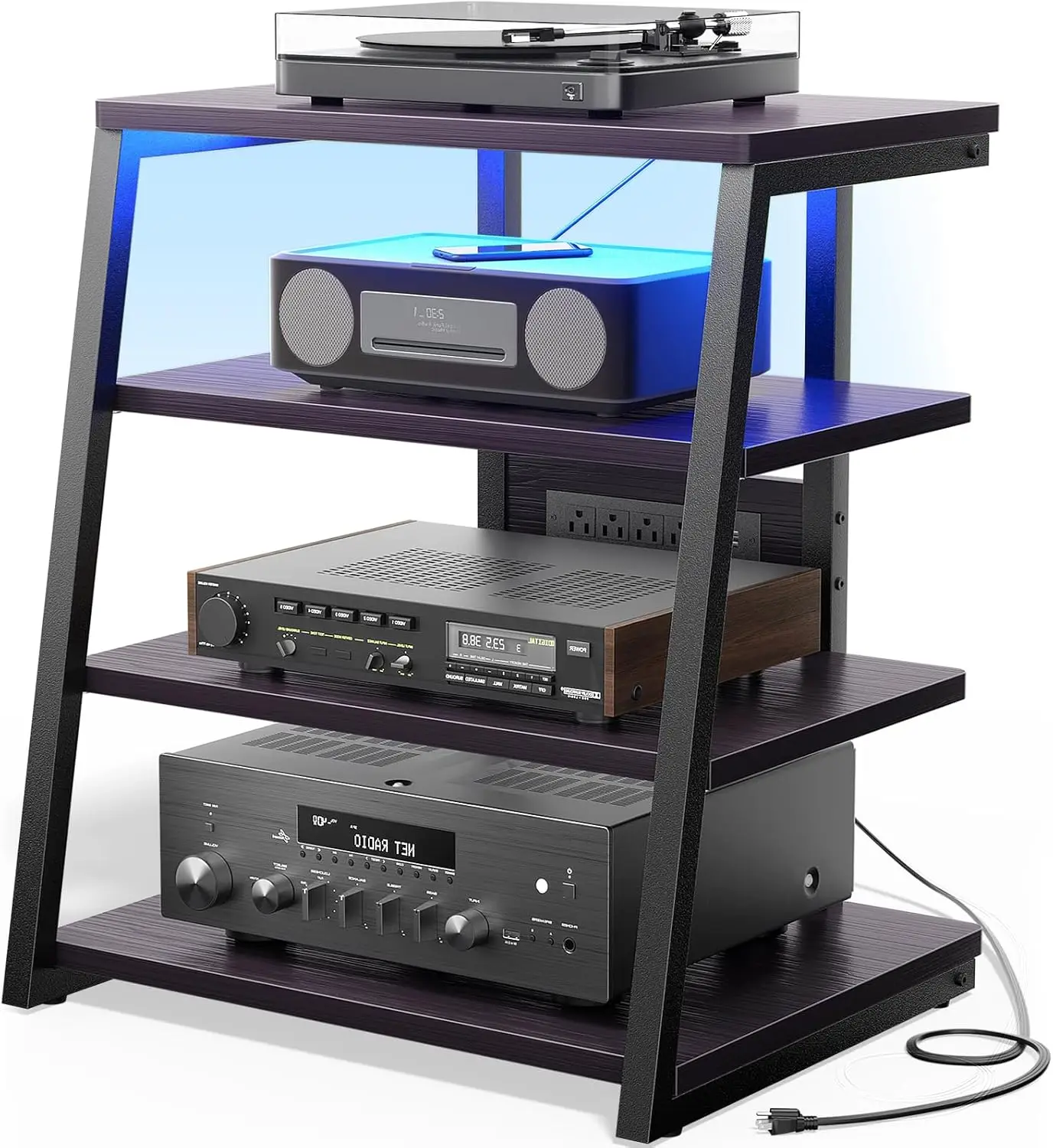 

4-Tier Black Ebony Media Stand with Outlets, Vinyl Storage, and LED Lights for Stereo Racks