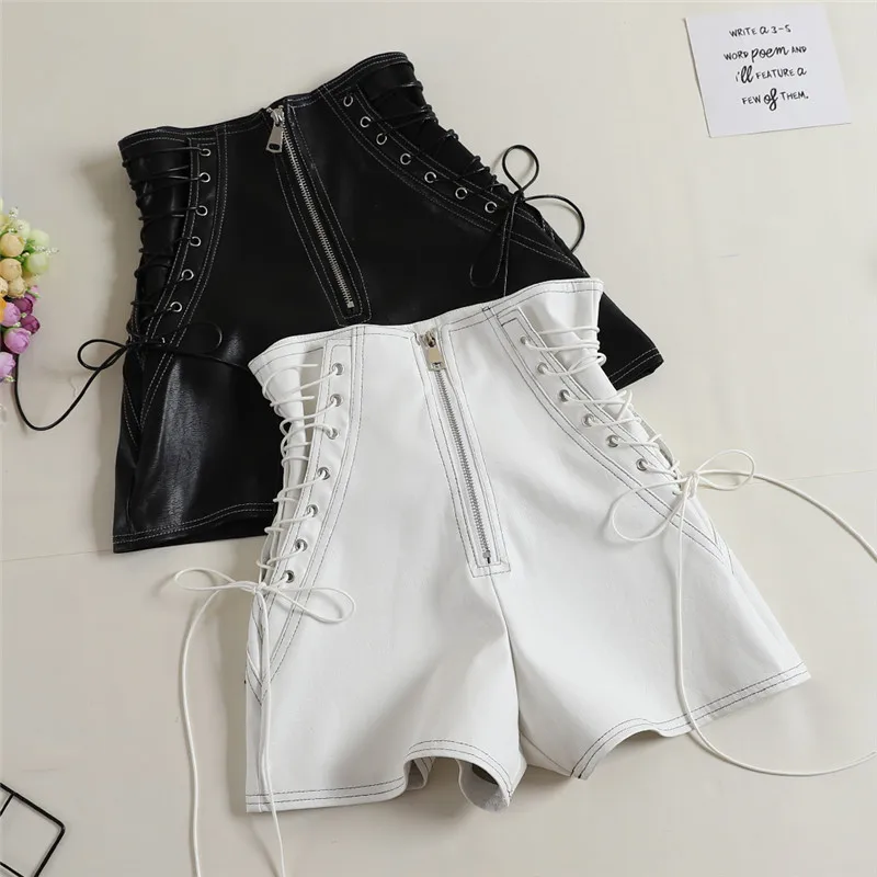 New Autumn Women PU Shorts Tie Bow Bandage High Waist Shorts Casual White Black Leather Shorts Ladies All Match Wide Leg Shorts