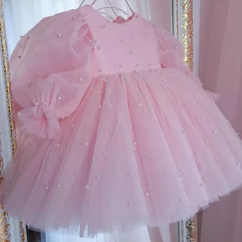 Luxury Pearls Flower Girl Dress Puff Girls Party Dresses for Wedding Short Sleeves Tulle Kids Christmas Ceremonial Dress