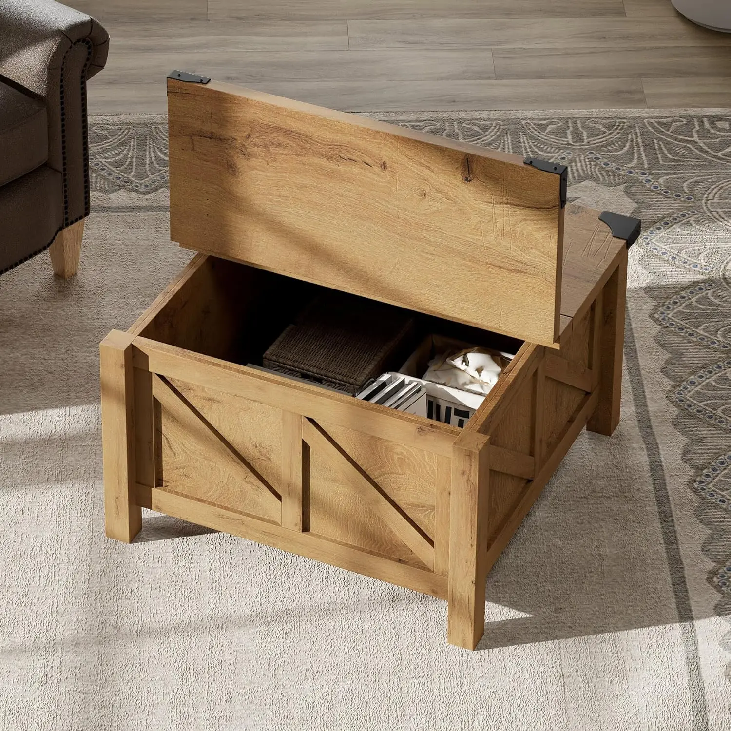 Square Farmhouse Coffee Table With Storage For Living Room, 30x30 Inch Wooden Dining Center Table With Gas Spring Flip-Top For