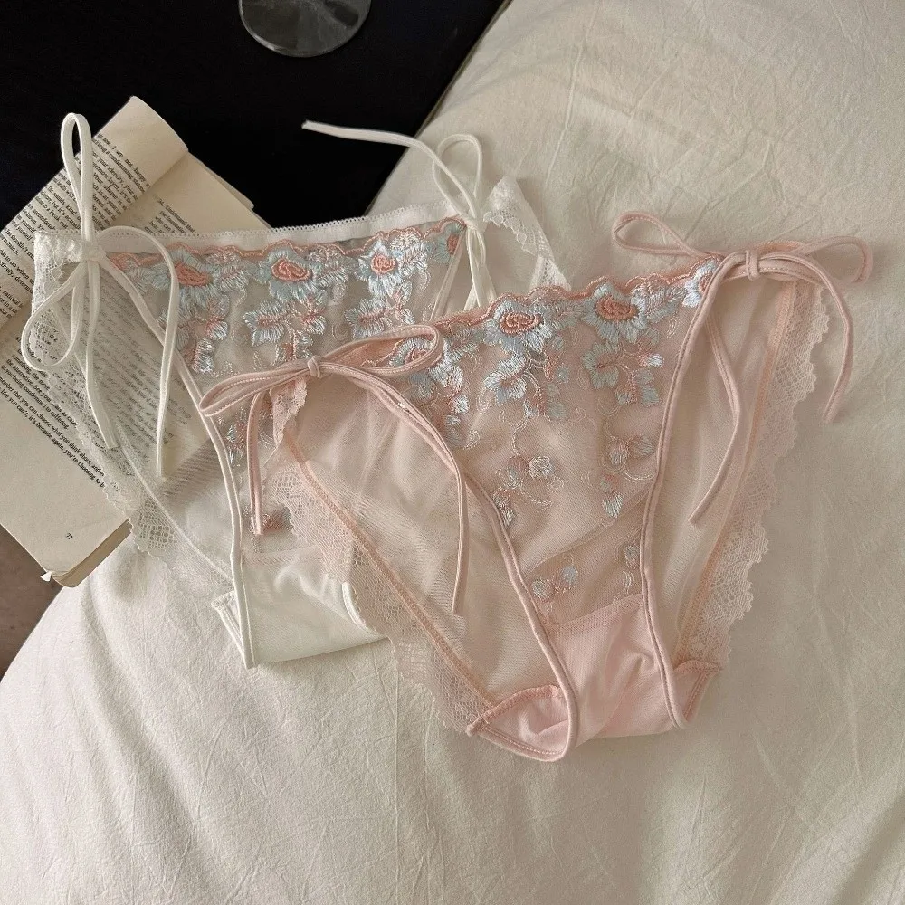 

Breathable Low Waist Embroidery Flower Panties Transparent Cotton Crotch Underwear for Women Sweet Lace-up Underwear Girl