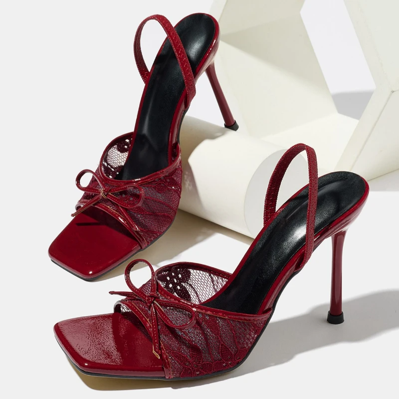 

Luxury Burgundy Designer Heeled Sandals for Women Lace Mesh Square Toe Design Open Toe High Heels Elegant Back Strap Bridal Shoe