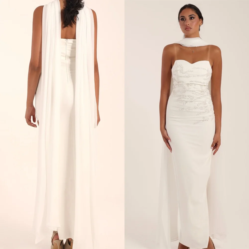 Customized Formal White Jersey Evening Dress Classic Strapless Sleeveless Homecoming Dresses Temperament Vestido De Festa