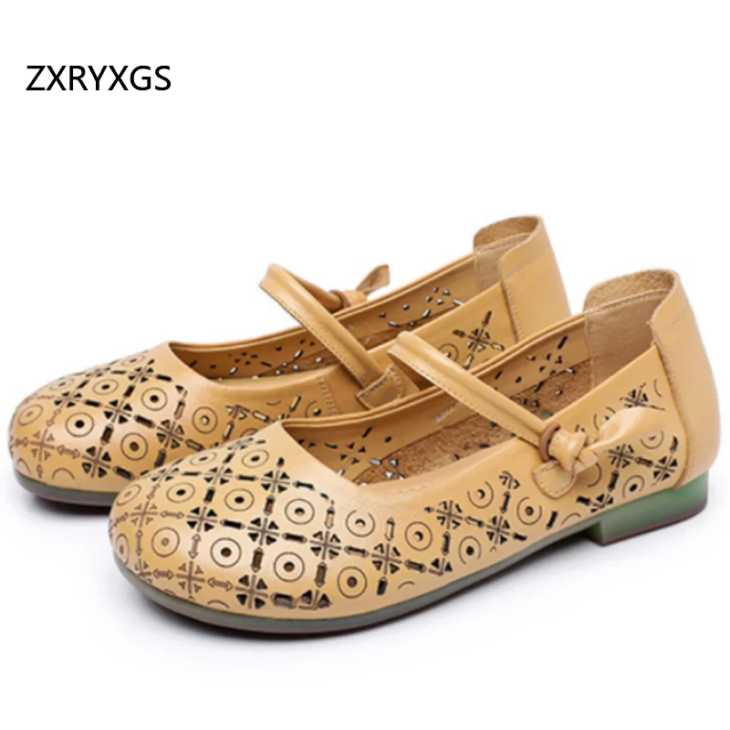 

ZXRYXGS 2026 New Summer Cowhide Holllow Breathable Mom's Sandals Comfortable Soft Sole Flat Sandals Women Plus Size Flat Sandals