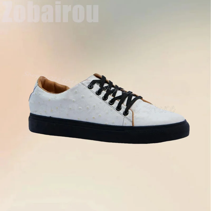 

White Ostrich Print Black Sole Cross Tied Men Sneakers Fashion Lace Up Men Shoes Luxury Handmade Party Banquet Men Casual Shoes