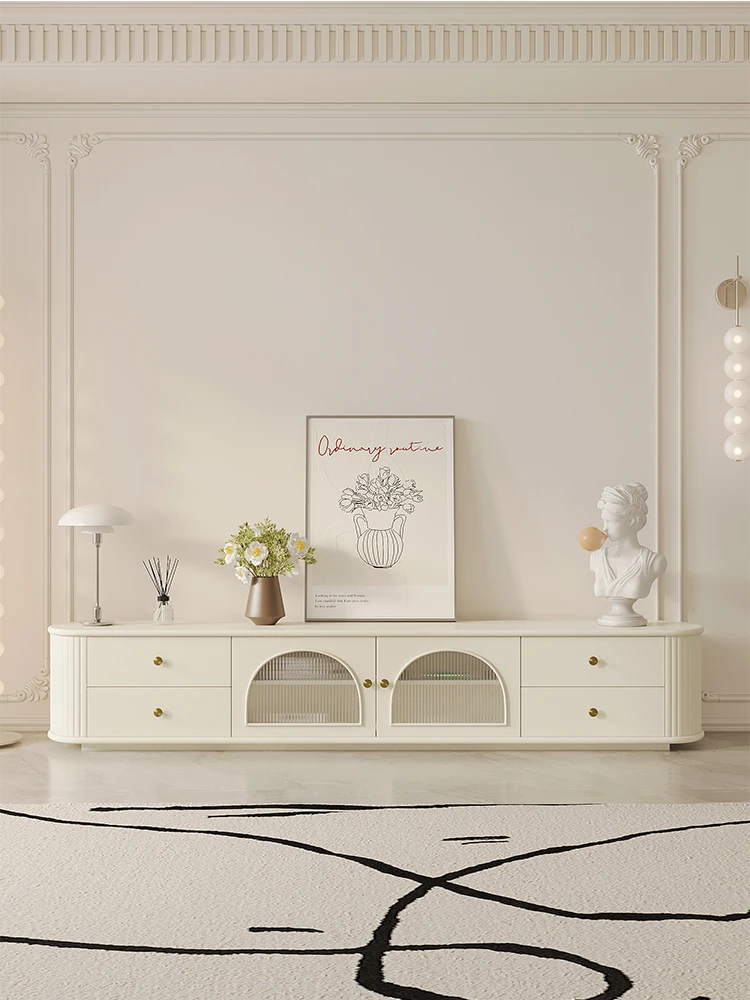 French cream wind TV cabinet coffee table rock slab combination living room paint Changhong glass high foot solid wood TV