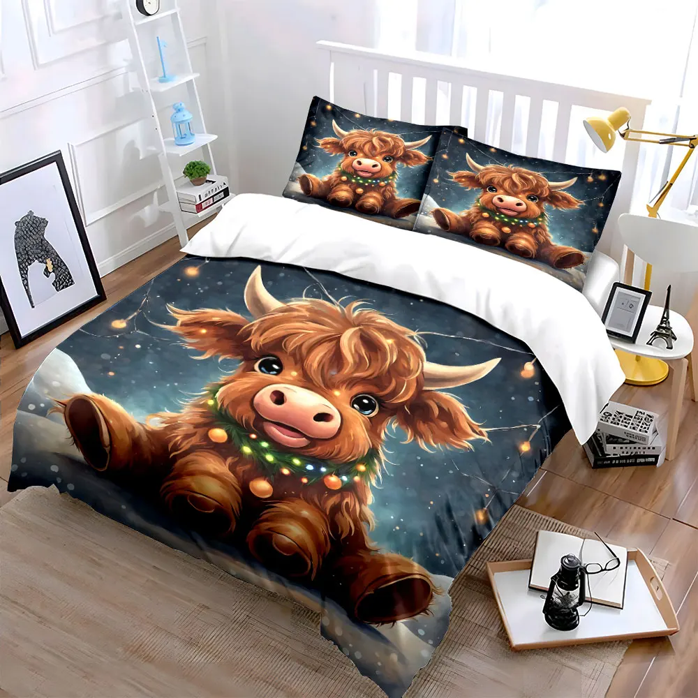 Cute Highland cow wearing a Christmas wreath Printed Duvet Cover Set1 Duvet Cover+2 PillowcaseMulti Size Bedroom Bedding Decor