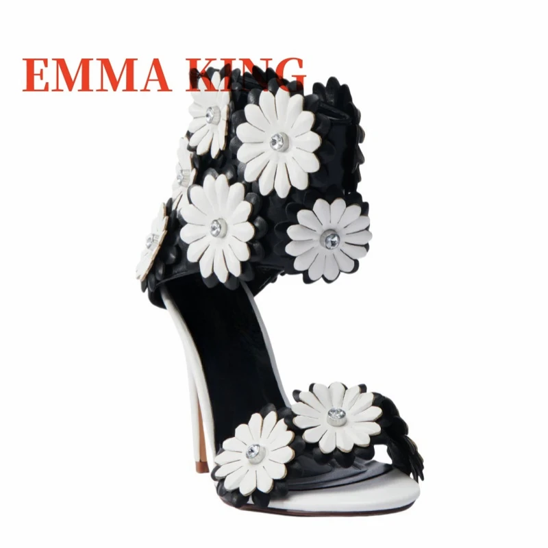 صنادل ثلاثية الأبعاد مزخرفة بالزهور بإبزيم للكاحل مفتوحة من الأمام بكعب عالي للنساء أحذية بسحاب خلفي 2025 جديد Zapatos Para Mujere