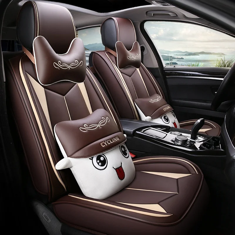 

Jiabeir Universal Car Seat Covers Full Set Four Season Leather Coffee Cartoon Seat Cushion Cover for SUV