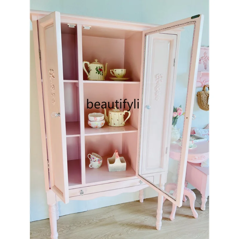 French Solid Wood Home Entrance Cabinet Sideboard Cabinet Integrated Wall High Cabinet Modern Pink Storage Organizer Cabinet