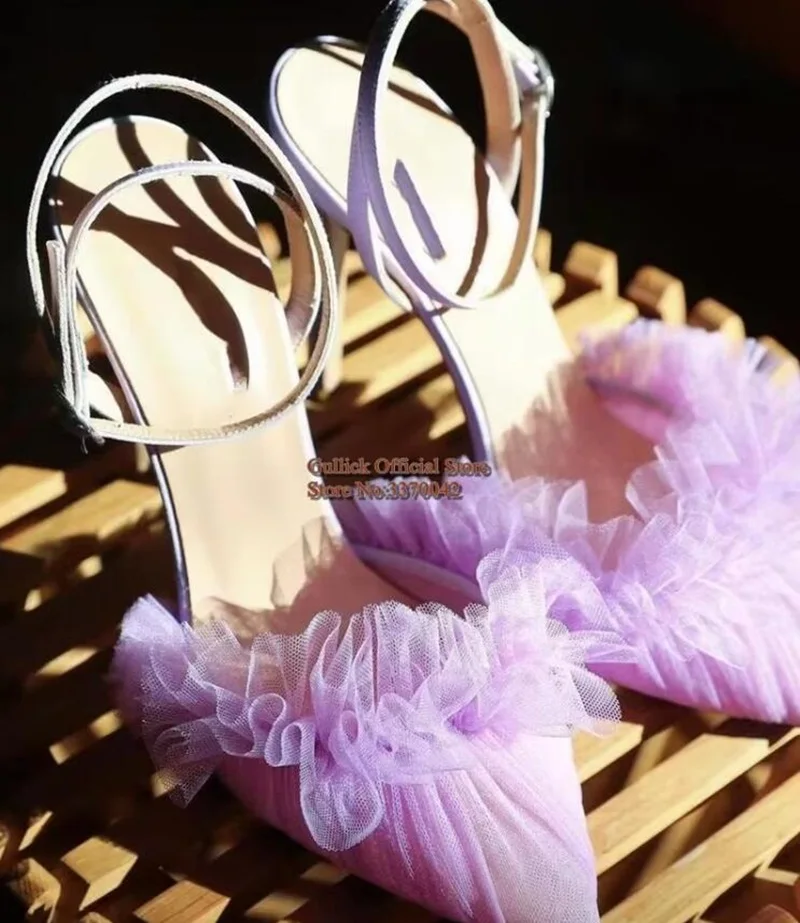 

Stylish Ruffle High Heel Shoes Mesh Ankle Strap Pointed Toe Stiletto Heel Party Dress Shoes Fuchsia Gray Purple Pleated Pumps