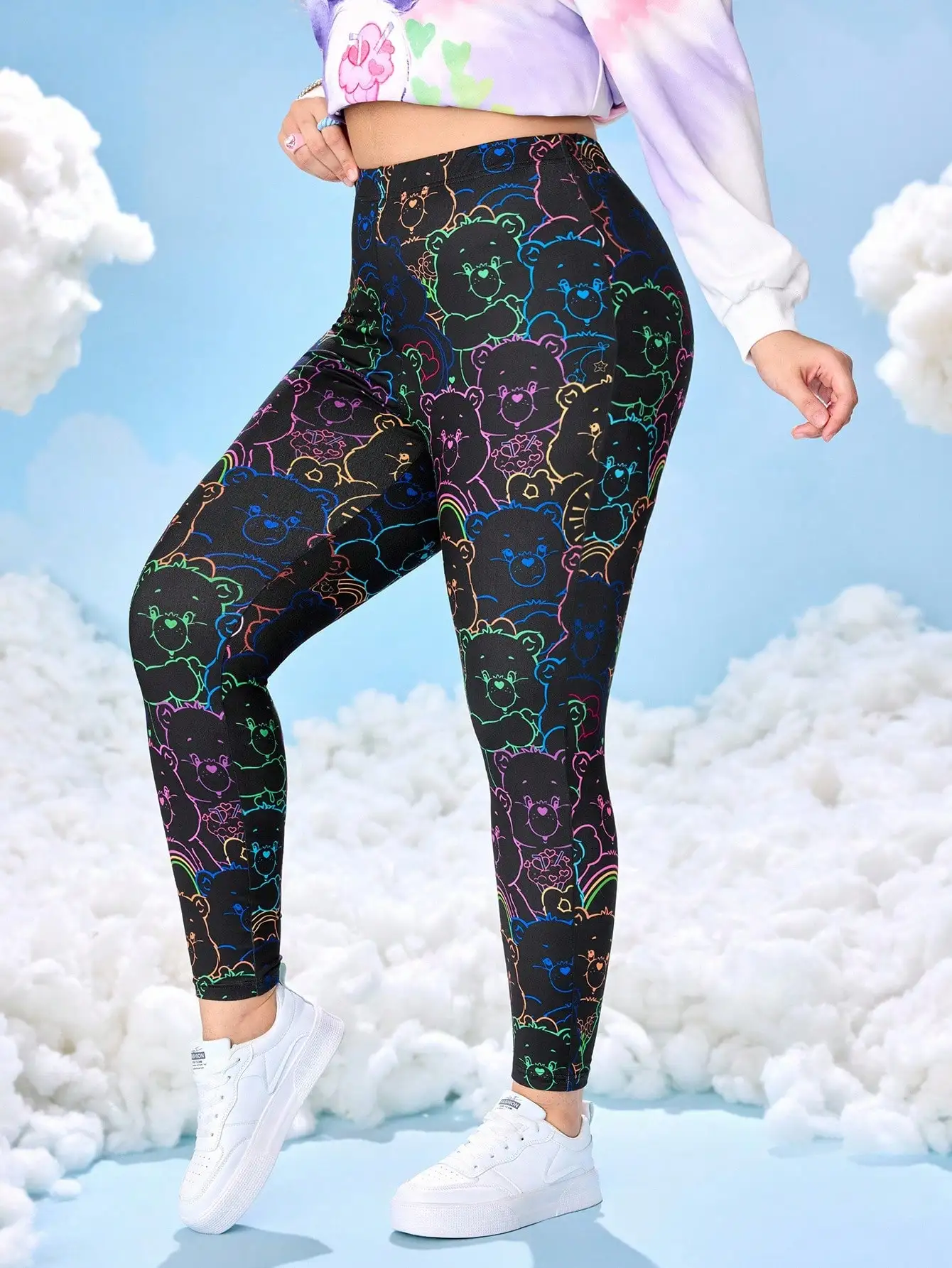 High Waist Plus Size Leggings with Colorful Bear Outline Print, Stretchy Fit for Casual Wear