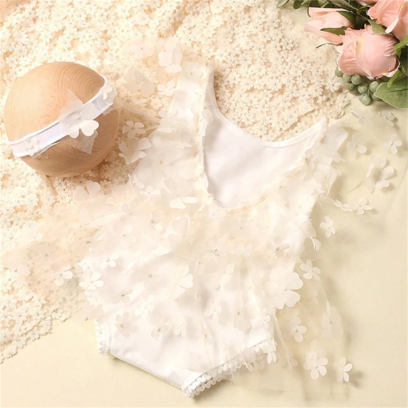 Baby Girl Photo Clothes Short Sleeve Jumpsuit Newborn Costume OnePiece Romper Flower Headband SkinFriendly Photo Outfit D5QA