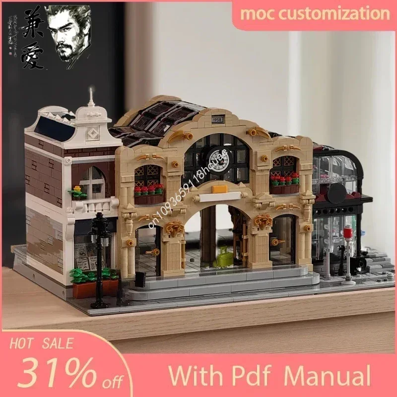 3050 pçs tijolo cruz personalizado modular moc construção estação ferroviária vista de rua modelo moc bloco de construção criança diy tijolos brinquedos presente