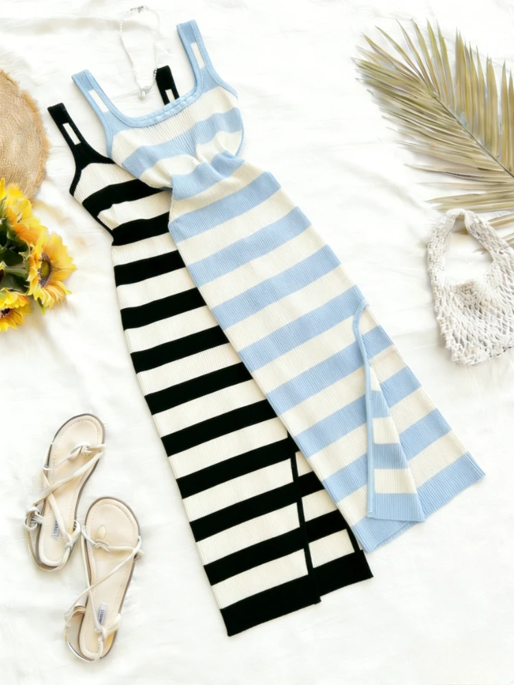 

Black Striped Knit Maxi Dress Women's Sleeveless Bodycon Long Dress Slit Stretchy Ribbed Casual Evening Party Dress Sundress
