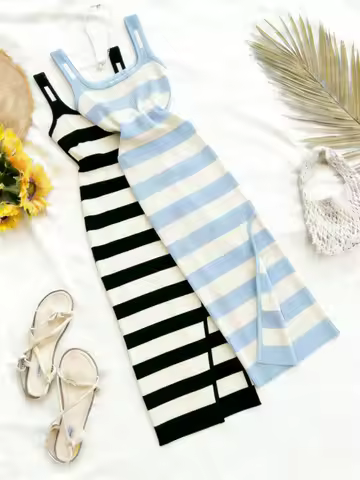 Black Striped Knit Maxi Dress Women's Sleeveless Bodycon Long Dress Slit Stretchy Ribbed Casual Evening Party Dress Sundress