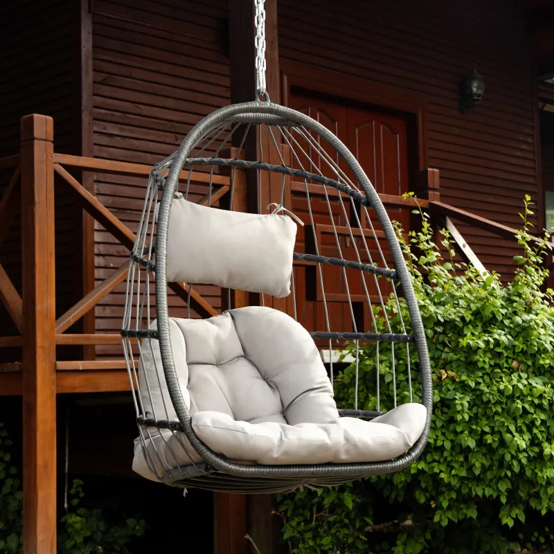 Outdoor Wicker Rattan Swing Chair Hammock chair Hanging Chair with Aluminum Frame and Grey Cushion Without Stand 265LBS Capacity