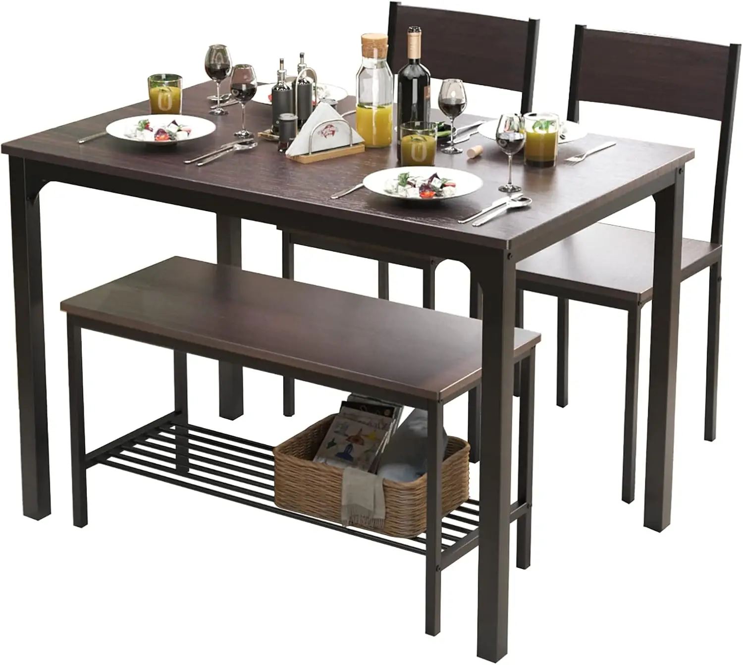 Juego de mesa de comedor para 4, juego de mesa de cocina de 43,3 pulgadas con sillas y banco, juego de mesa de comedor de 4 piezas para espacios pequeños,