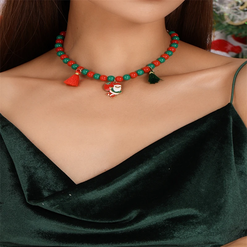 Modische handgefertigte Perlenkette für Damen, Weihnachtsanhänger mit Weihnachtsmann und Weihnachtsbaum, Halsketten für Mädchen, Neujahrsfest-Schmuck, Geschenke – Detail 5