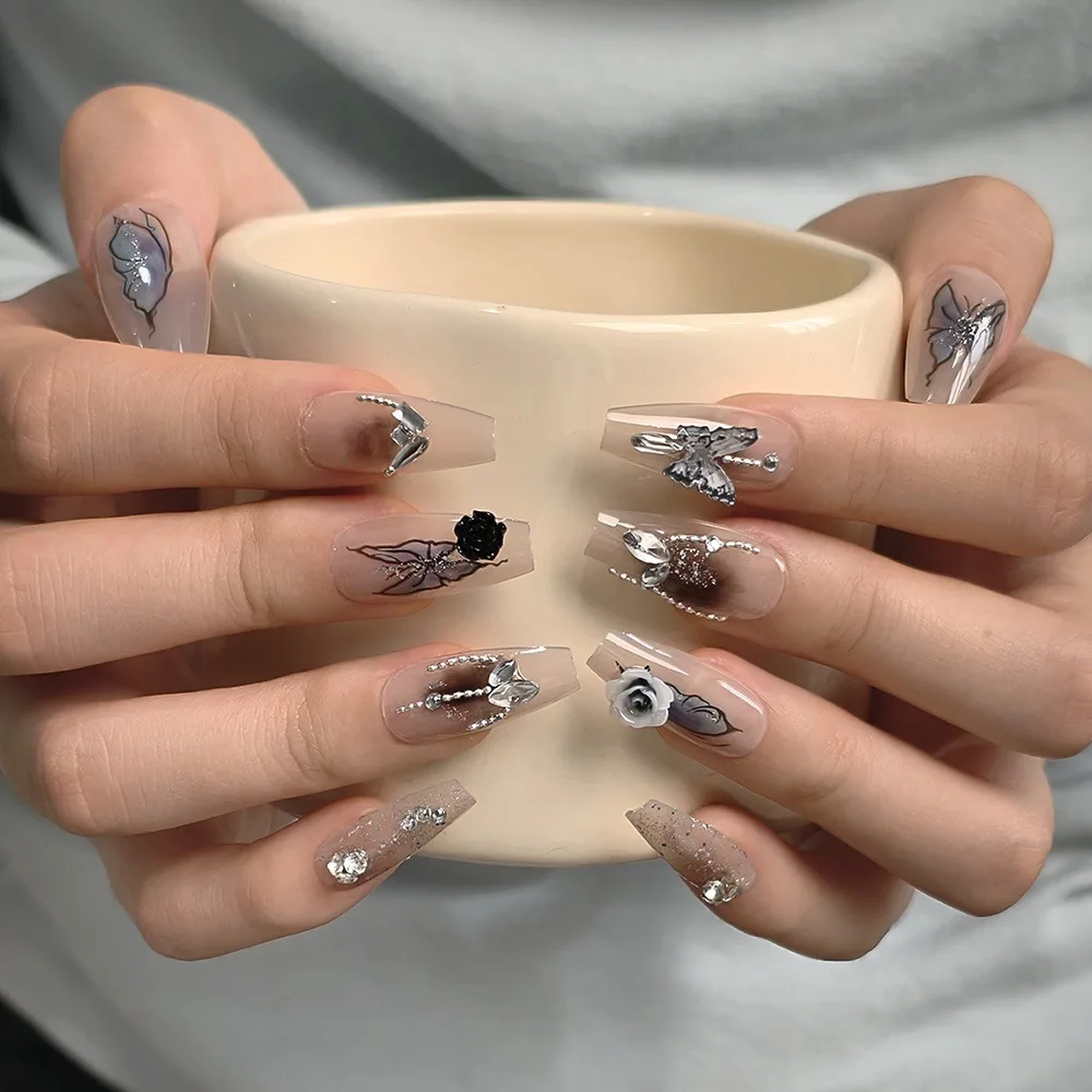 New Long Dark Style Manicure Press On Nails Rhinestone Charms