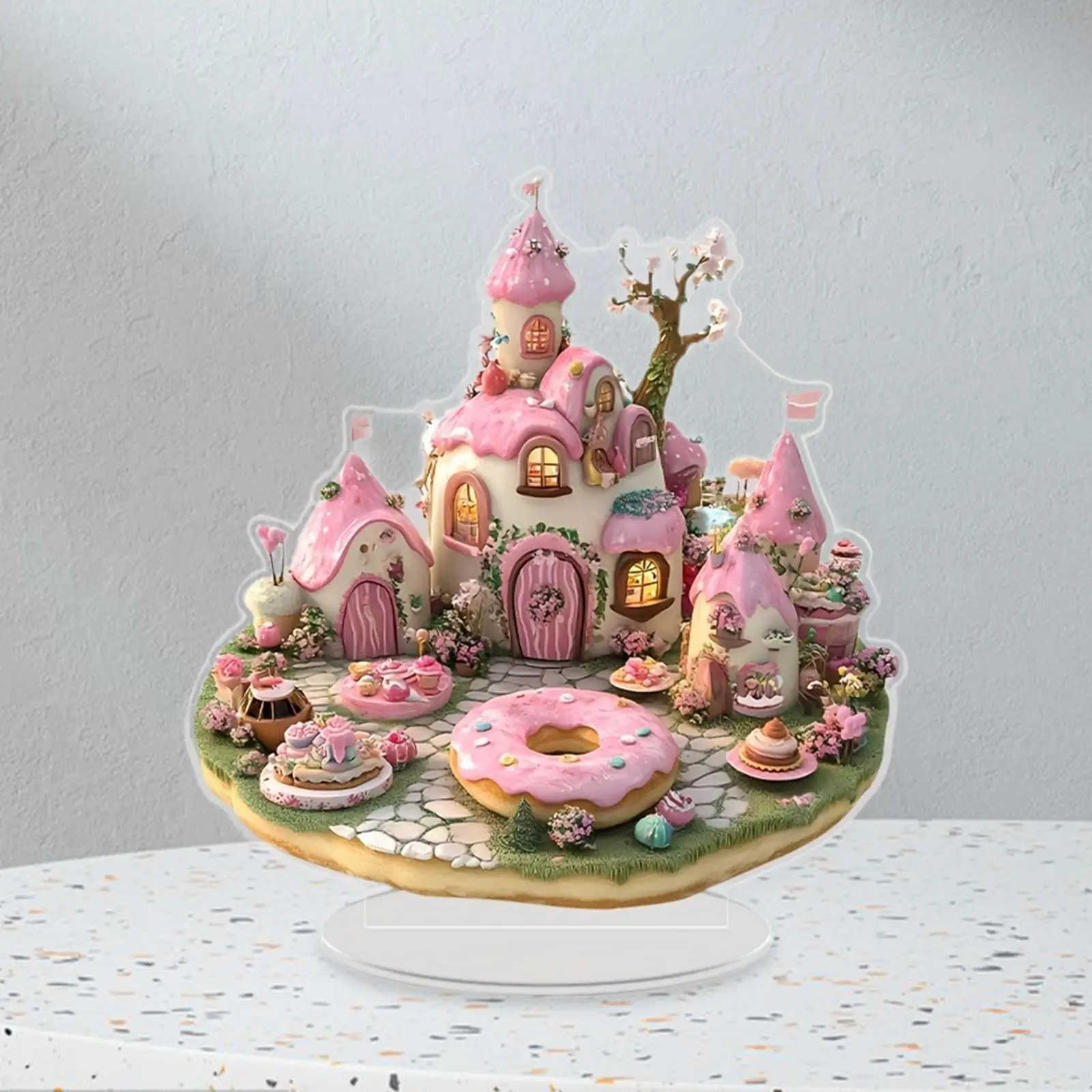 2D Flat Fairy Tale Pink Cake House Table Sign Tabletop Ornament Waterproof Accessories Holiday Season Decor 7.8x8.2inch