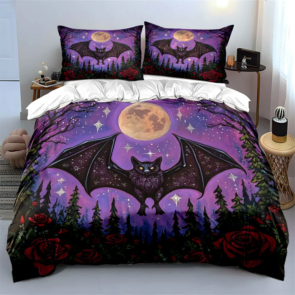 Fantasy Cat Bat Pattern Duvet Print Bedding Set 1 Duvet Cover 2 Pillowcases for Adult and Children Luxury Gift Full Size