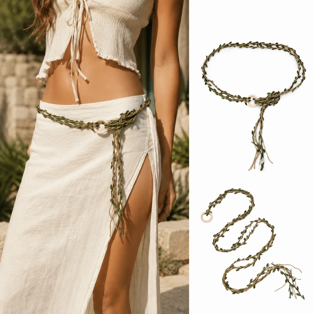 Wooden Ring Buckle Rattan Leaf Belt Faux Leaf Boho Style Linen Rope Belt Handmade Twisted Rope Braided Waist Belt For Long Dress