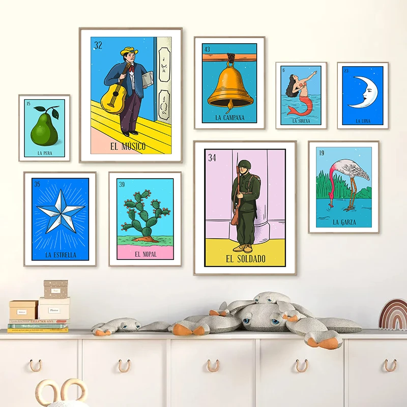 

Abstract Mexican Lottery Cartoon Poster Print Canvas Painting Parrot Heart Nordic Wall Art For Living Room Home Decoration