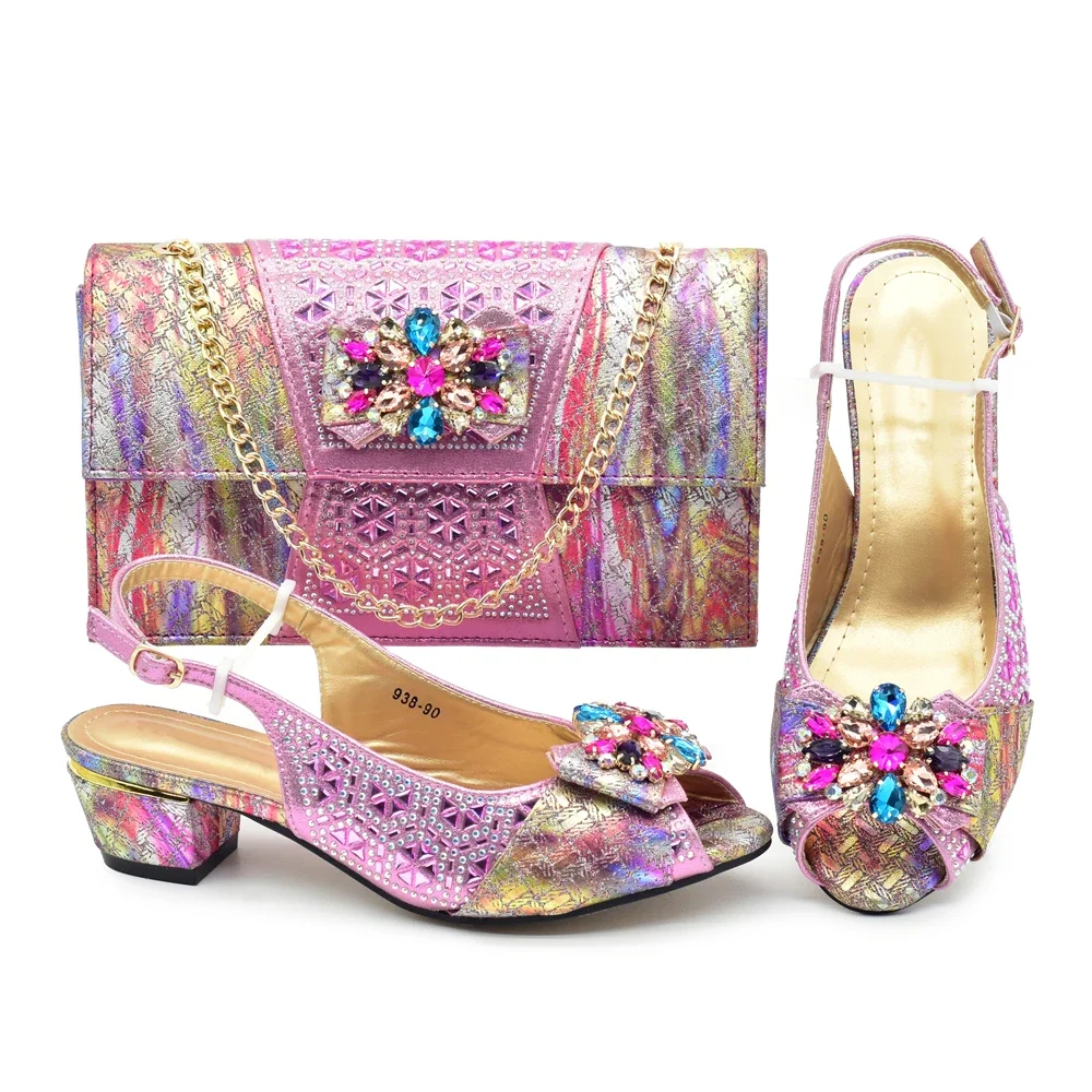 New Arrival Nigerian Women Shoes and Bag Set Decorated with Rhinestone in Italy African Party Elegant Heeled Pumps for Women