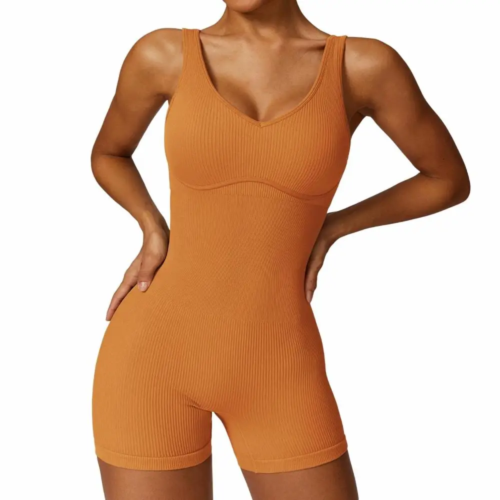 

Women's Slim Fit Rompers Summer Ribbed Sleeveless Short Bodysuits Trendy Solid V-neck Seamless Fitness Jumpsuits