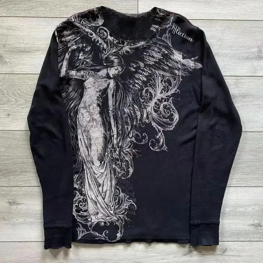 Fashionable Men's Autumn Personalized Skull Letter Print Micro Elastic Comfortable Long-Sleeved T-Shirt Outdoor Street Style Top