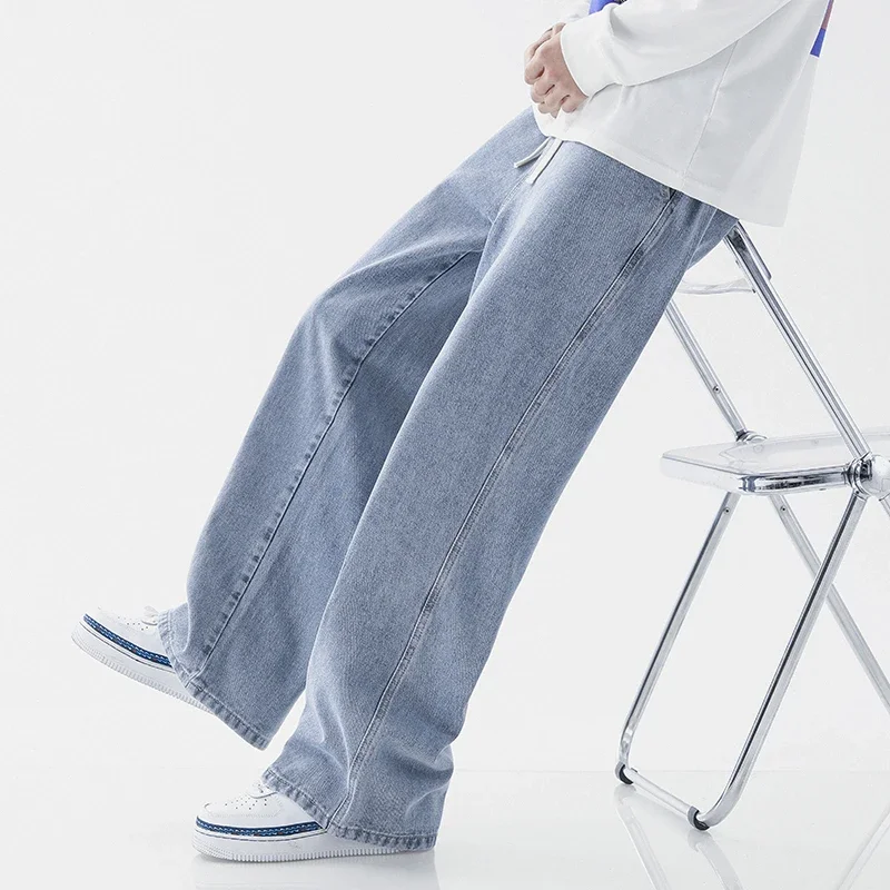 2025 New Korean Baggy Jeans  Men's Casual Denim Classic Man Straight Denim Wide-leg Pants Light Blue Grey Black 3XL