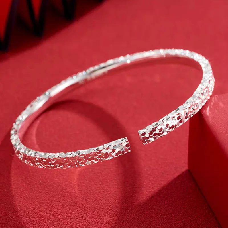9999 gold three-sided crushed ice ice bracelet, open-ended solid bracelet, women's exquisite, dazzling, luxurious, niche,