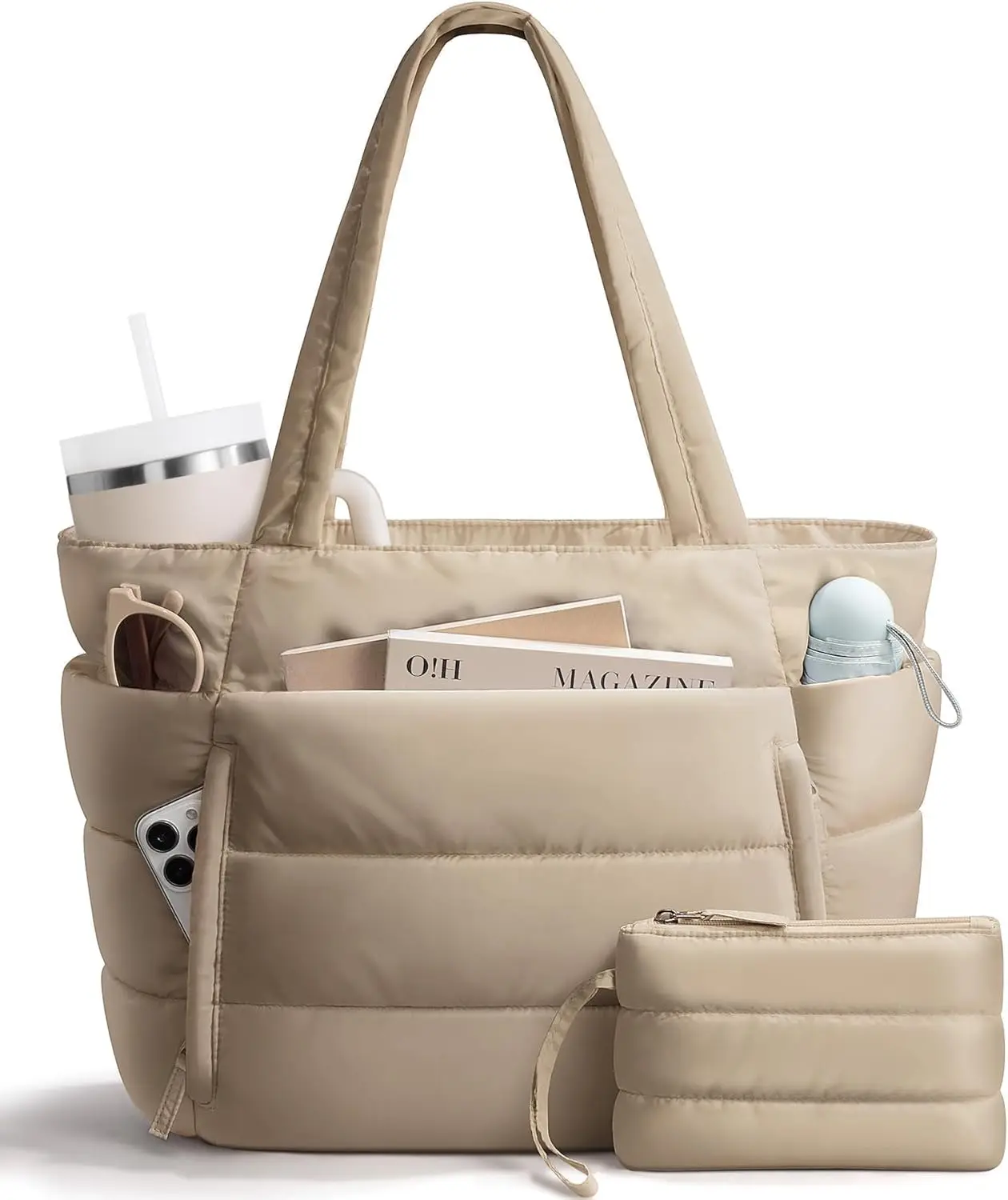 

Lightweight Puffy Tote Bag for Women with Zipper, Ideal for School Travel Gym, Holds 15.6" Laptop and 40 OZ Tumbler