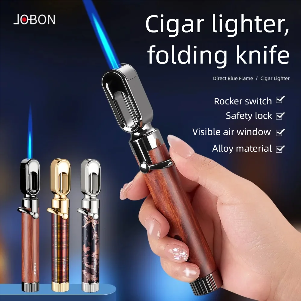 JOBON Blue Flame Cigar Lighter Rocker Arm Ignition Visible Gas Window Safety Buckle Design Creative Design Metal Body